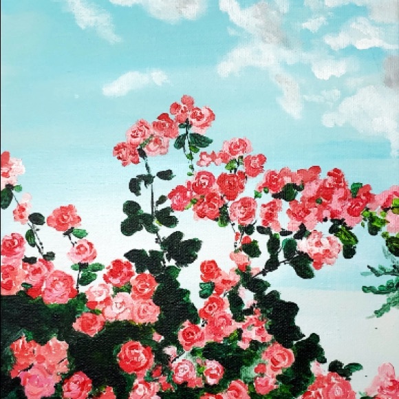 Original handmade acrylic painting of rose garden on stretched canvas - Picture 3 of 4